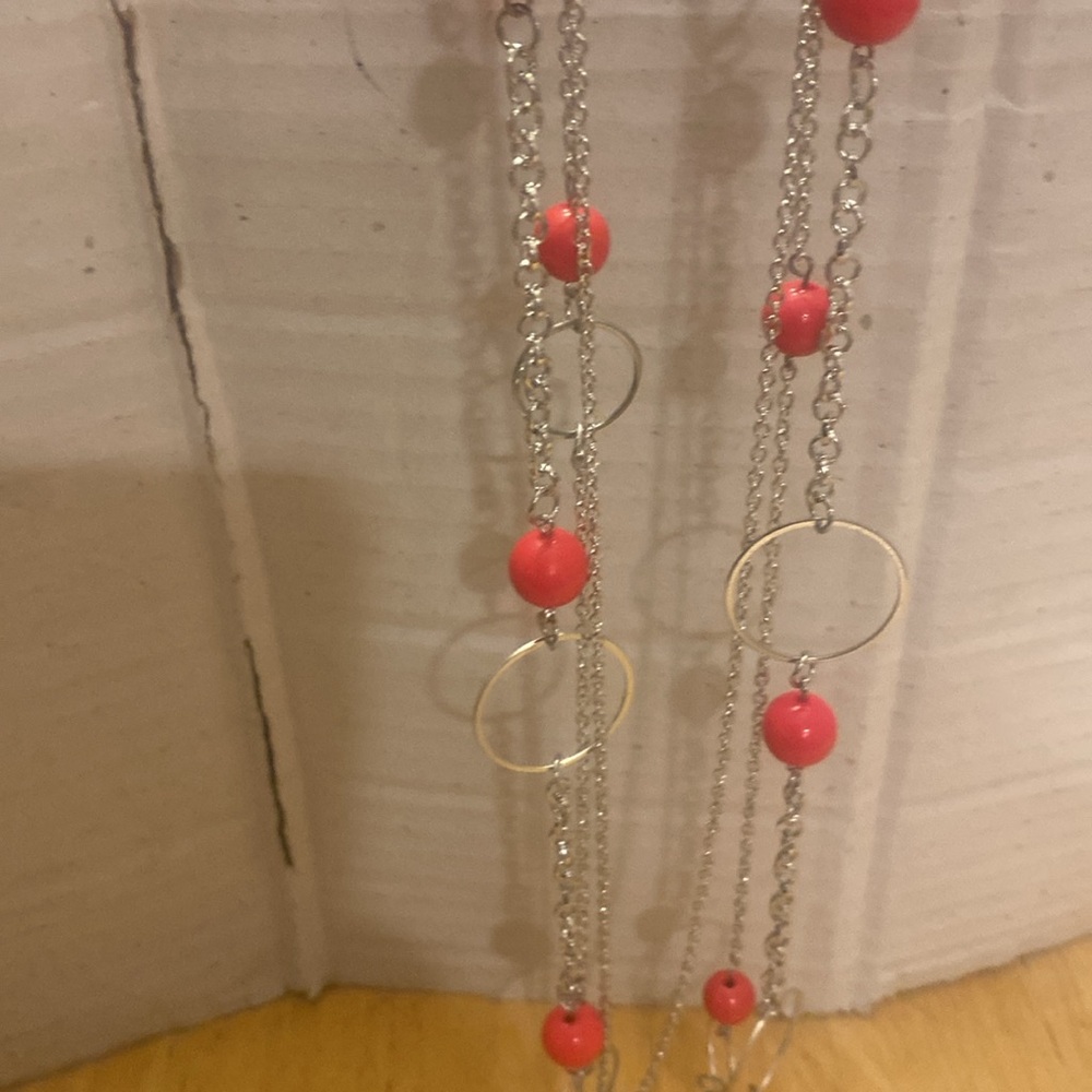 Set of 2 - very long silver tone & dark pink beaded necklace and earrings NWT
